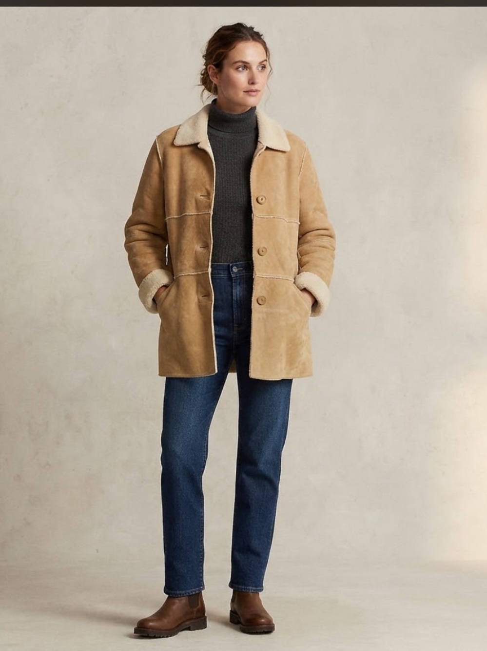 KOMITOR Vintage Women's 2X Tan Suede Shearling Faux Fur Lined Coat Jacket Boho